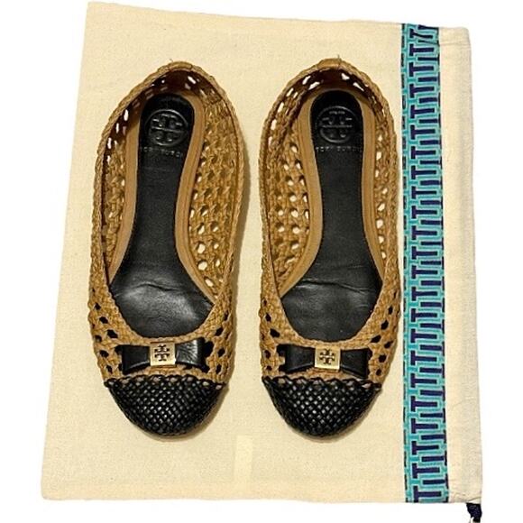 Tory Burch 6 Carlyle Woven Leather Ballerinas Ballet Flats Black Tan Logo Bow - Picture 13 of 14